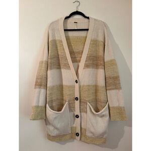 Free People Southport Beach Striped Oversized Cardigan Large OB1072401 Cream Tan